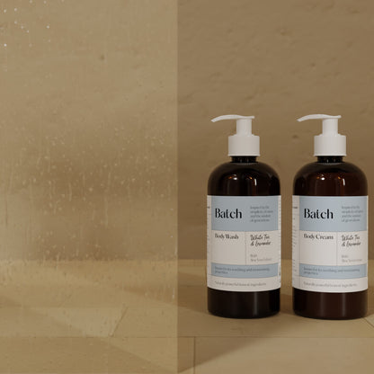 Batch personal care range. Batch body wash white tea & lavender with aloe vera extract. Batch body cream white tea & lavender with aloe vera extract.  Apothecary style personal care range with naturally derived extracts. Available on Amazon. 